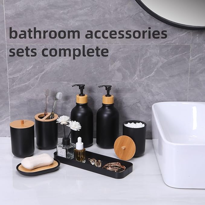 Matte Black Bathroom Accessories Set 9PCS, Bamboo Bathroom Accessories Sets - Image 3