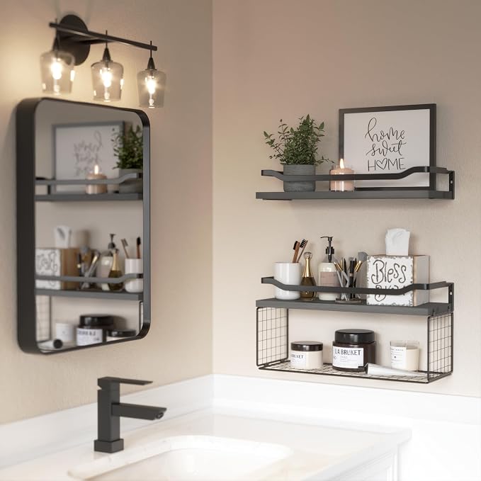 WOPITUES Floating Shelves with Wire Storage Basket, Bathroom Shelves Over - Image 6