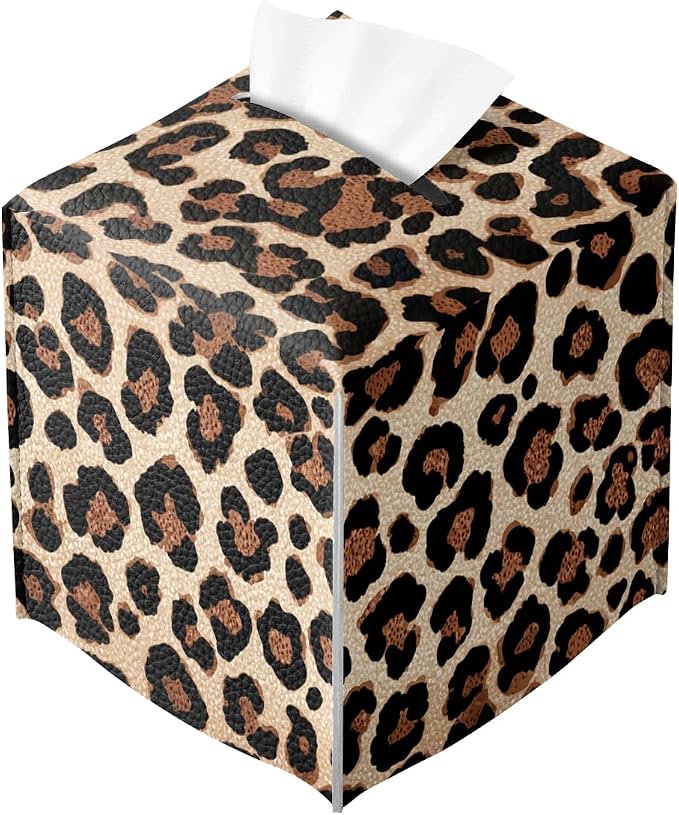 Leopard Print Tissue Box Cover Cute Animal Brown Black Leather Tissue Box by Unknown