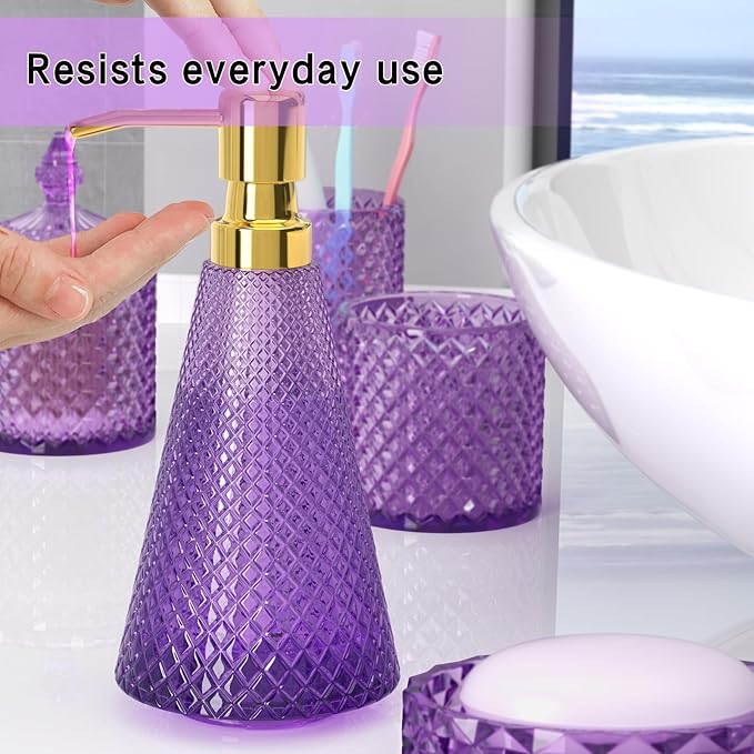 Purple Glass Bathroom Accessories Set 5 Pcs, Soap Dispenser and Toothbrush - Image 5
