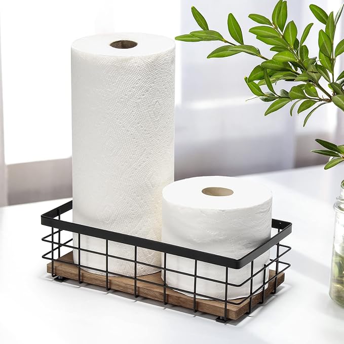 TJ.MOREE 2-Pack Small Metal Wire Basket, Decorative Wood Base Organizer - Image 2