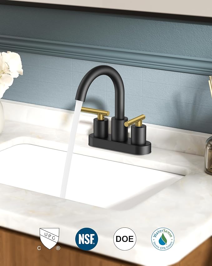 FORIOUS 4 in Black and Gold Bathroom Faucet Centerset, 2 Handle Matte Black - Image 8