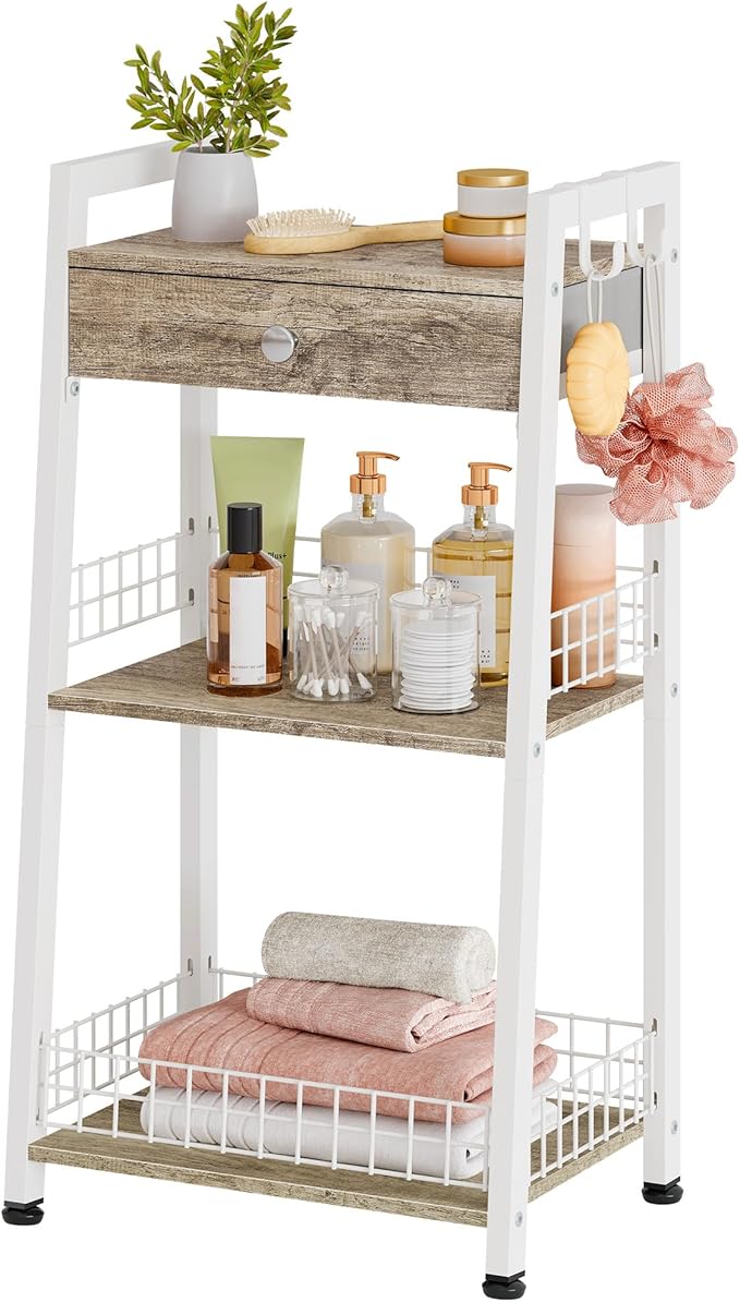 3-Tier Ladder Shelf with Drawer, Bathroom Table Stand by Gewudraw