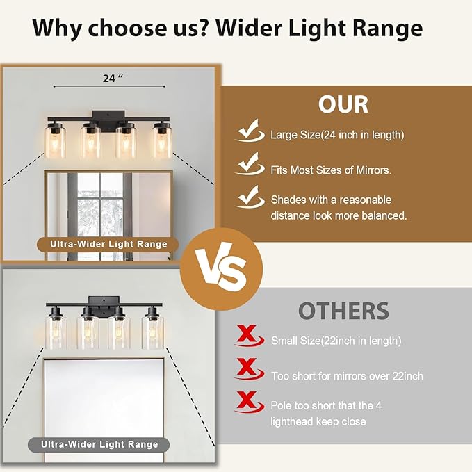 IZORRO Modern Bathroom Light Fixtures, 4 Light Black Vanity Lights, Bathroom - Image 6