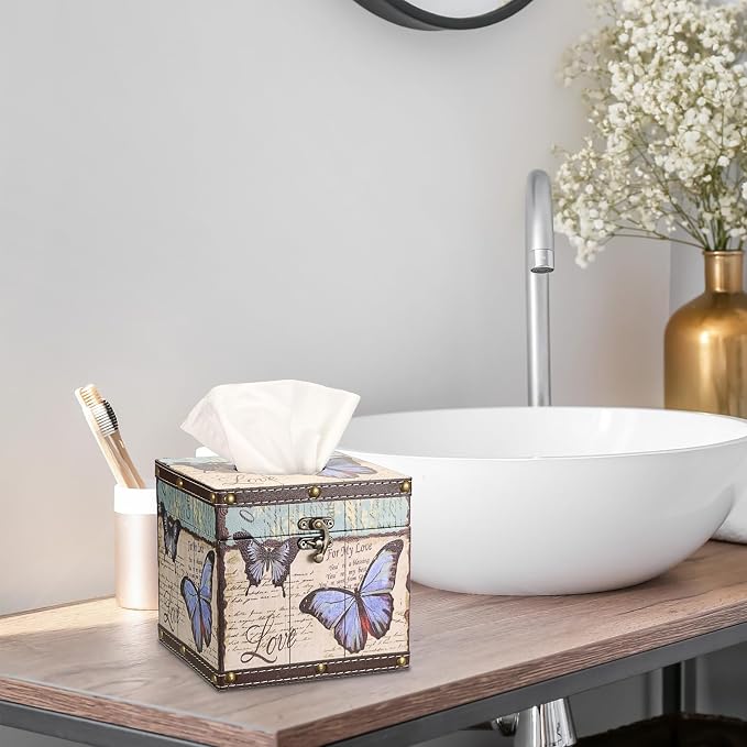 Sumnacon Tissue Box Retro Wood Square Tissue Box Cover Vintage Cube Tissue Box - Image 6