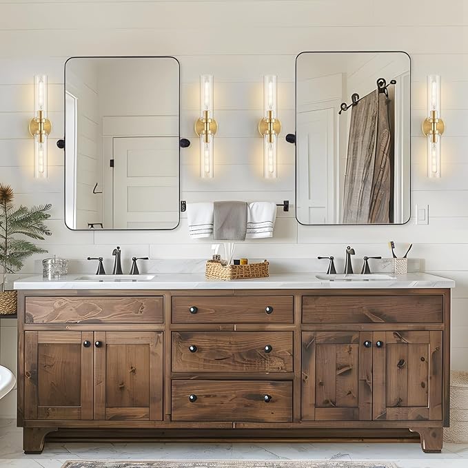 2 Light Bathroom Wall Sconce Set of 2, Modern Farmhouse Brushed Brass Gold - Image 2