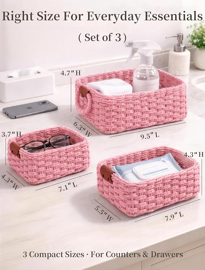 Storage Basket, Recycled Paper Rope Bathroom Basket Organizer, Mini wicker - Image 2
