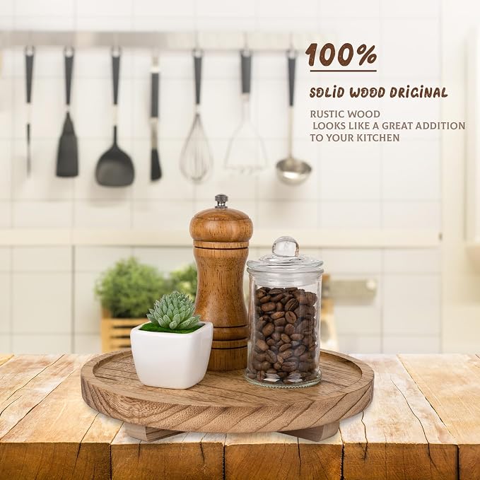 Round Decorative Tray Wood Bathroom Counter Organizer Farmhouse Kitchen Decor - Image 2