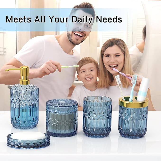 Blue Bathroom Accessories 5 Pcs, Glass Bathroom Accessory Set, Vintage Blue - Image 2