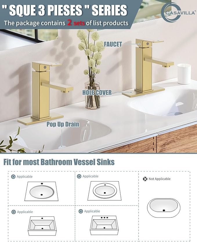 Bathroom Sink Faucet, Brushed Gold Bathroom Faucet 3 Hole - Image 2