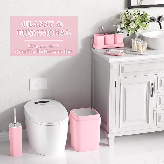 Pink Bathroom Accessory Set, Plastic Bathroom Set - Image 3