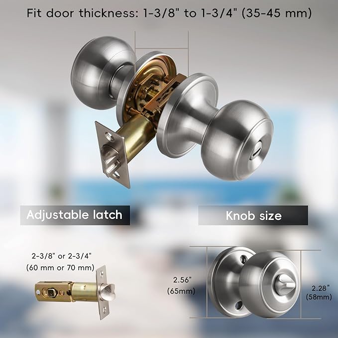6 Pack Brushed Nickel Door Knobs Interior, Bath & Bed Privacy Door Knob - Image 4