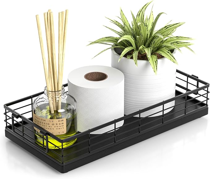 Toilet Paper Basket, 13 Inch Oak and Iron Tank Tray Top of Toilet Storage by JNFUZ