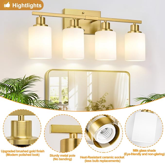 4-Light Bathroom Light Fixtures, Brushed Gold Vanity Lights - Image 4