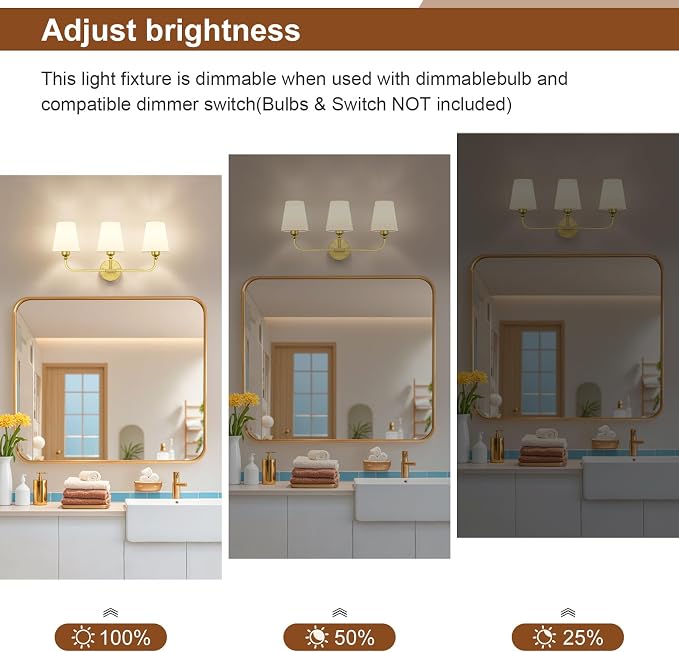 Bathroom Vanity Light, Brushed Gold Bathroom Light Fixtures, 3-Light Lighting - Image 6