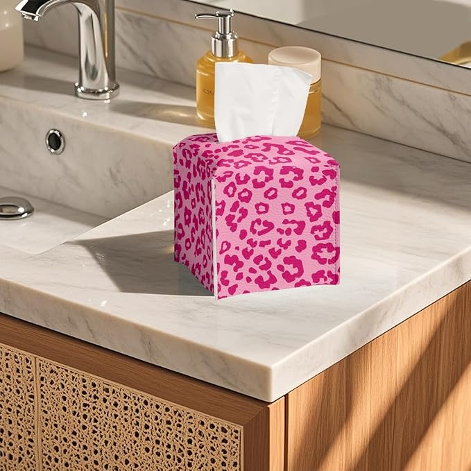 Leopard Print Tissue Box Cover Cute Animal Pink Square PU Leather Waterproof - Image 5