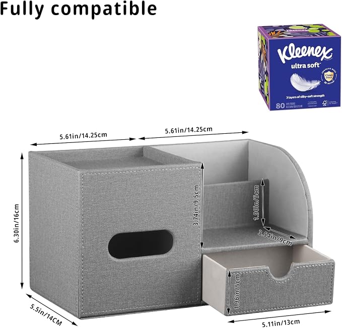 YAPISHI Tissue Box Cover with Storage Tray and Drawer, PU Leather Square Tissue - Image 3
