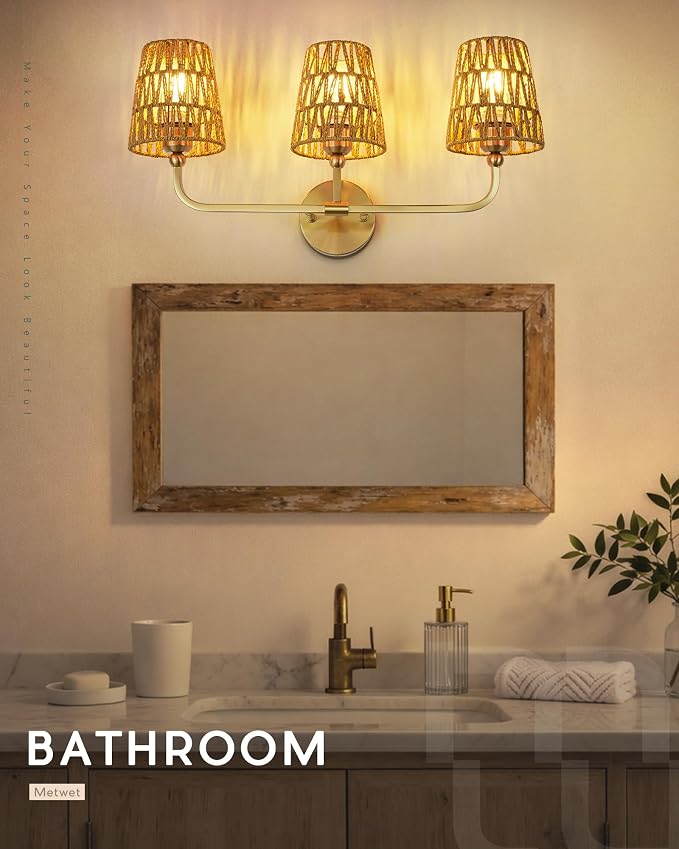 3-Light Bathroom Light Fixtures, Brushed Gold Rattan Vanity Lights - Image 6