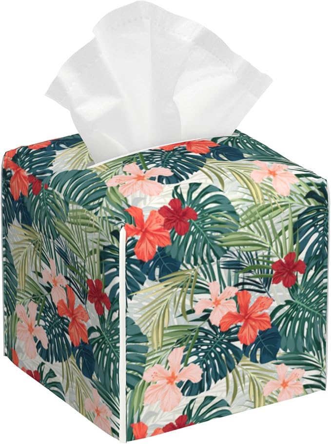 Palm Leaves and Flowers Tissue Box Cover Square, Tropical Plants and Floral by sndheke