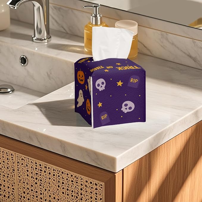 Halloween Tissue Box Cover Funny Cartoon Cute Pumpkin Bat Square PU Leather - Image 5