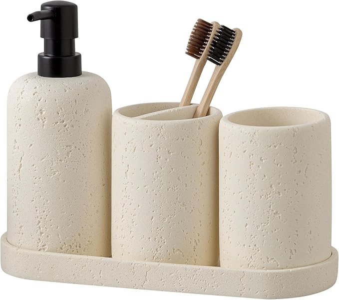 Bathroom Accessories Set, 4 Piece Travertine Stone Look Collection, Modern Bath by AdornMyHomeEnjoyMyLife