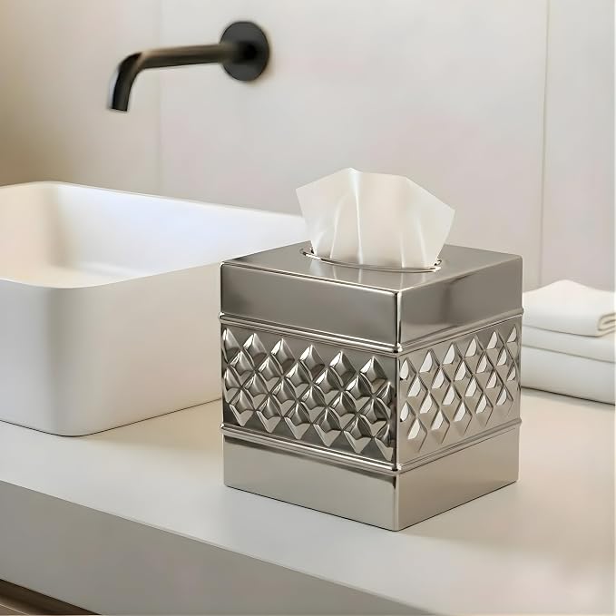 Monarch Abode Tissue Box Cover Square – Handcrafted Geo Embossed Nickel Chrome - Image 4