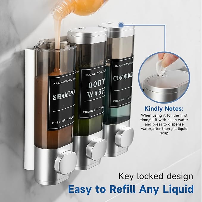 Shower Soap Dispenser 3 Chamber No Drill Wall-Mounted, Shampoo and Conditioner - Image 5