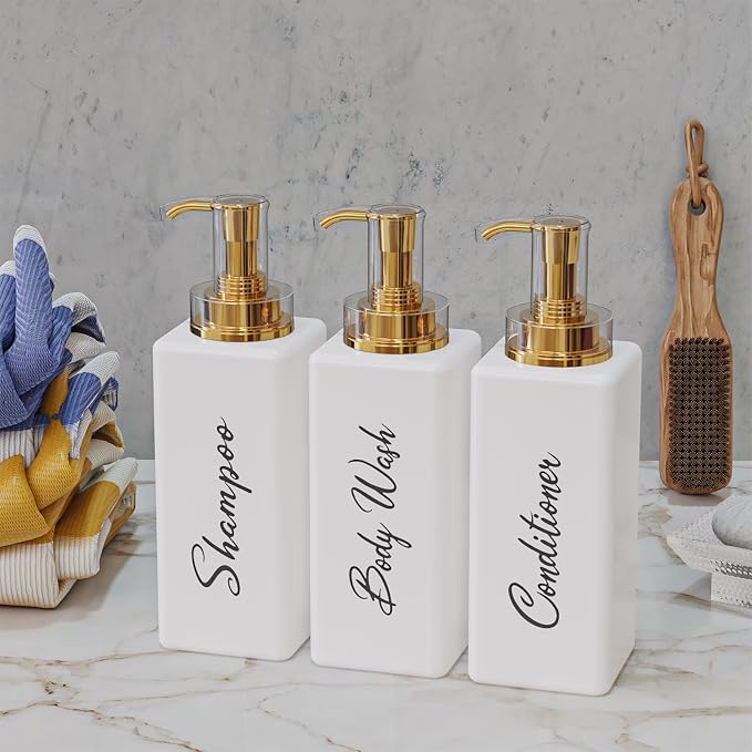 Akalin Refillable Shampoo and Conditioner Bottles, 16oz White and Gold Soap - Image 7