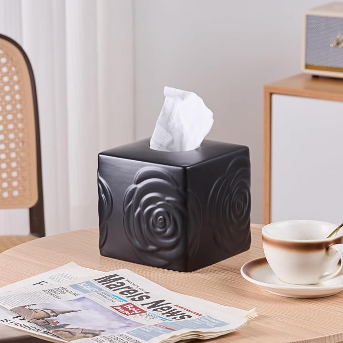Black Ceramic Rose Tissue Box Cover, Carved Flowers Large Square Tissue Box - Image 2