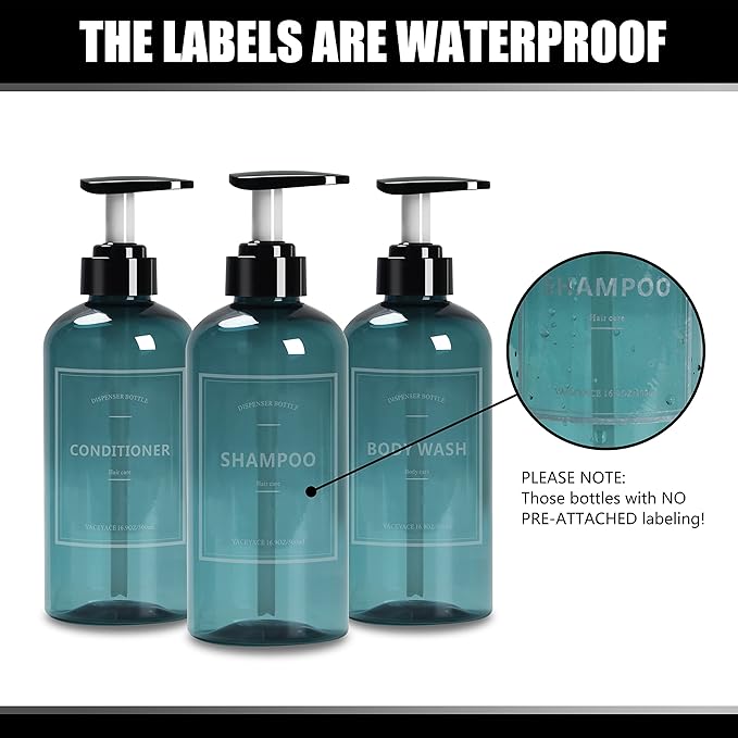 Shampoo Bottles with Pump, YACEYACE 3Pcs 16.9oz Blue Clear Empty Shampoo and - Image 2