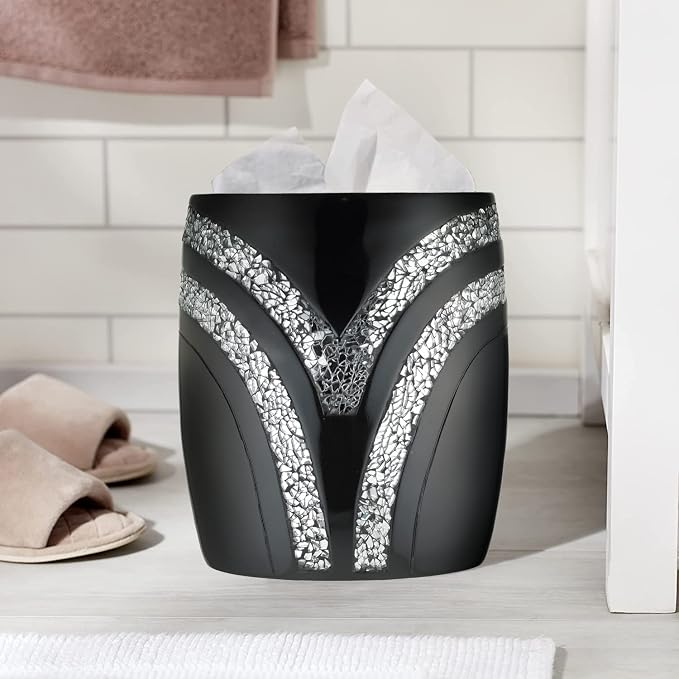 Zahari Home 2pc Sinatra Black Modern Bath Accessories Set Waste Basket & Tissue - Image 2