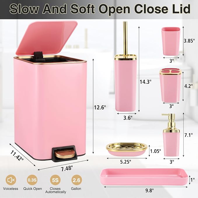 Pink Bathroom Accessories Set 8 Piece Pink and Gold Bathroom Set, Bathroom Sets - Image 6