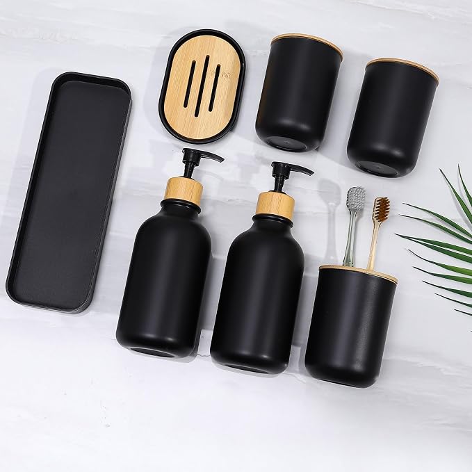 Matte Black Bathroom Accessories Set 7 Pcs, Bamboo Bathroom Accessories Sets - Image 4