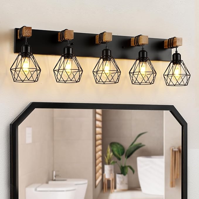 5-Light Farmhouse Bathroom Vanity Light Fixtures, Wood Bathroom Light Fixtures by MAESTA