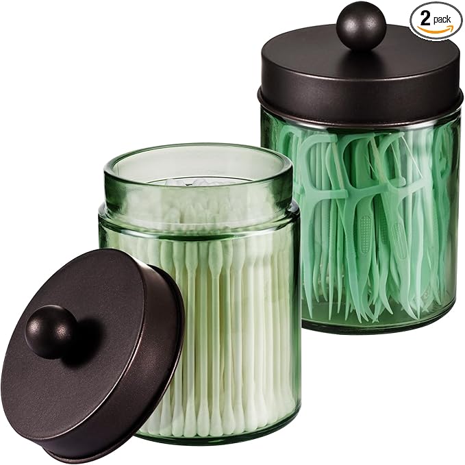 Amolliar Sage Green Qtip Holder, Glass ApothecaryJar Metal Lid & Stickers by Amolliar