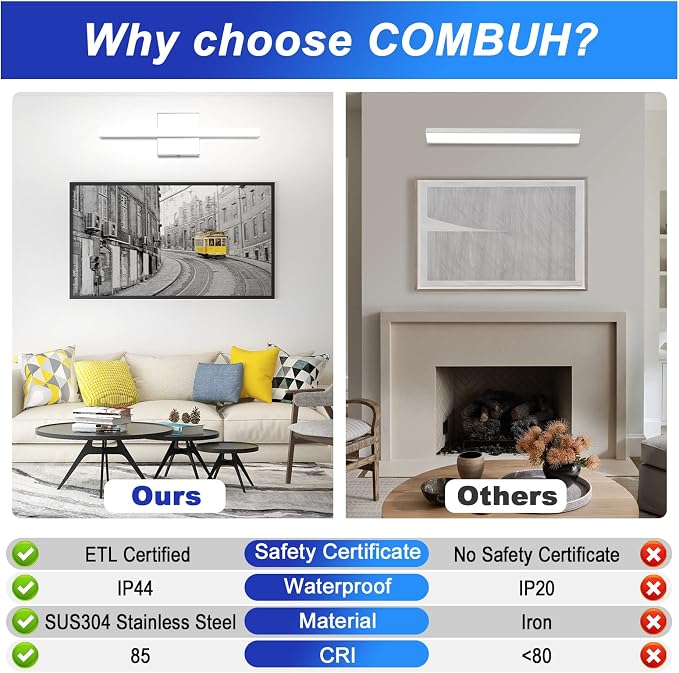 Combuh LED Bathroom Vanity Light Bar 16 Inch 9W IP44 Over Mirror Lighting - Image 6