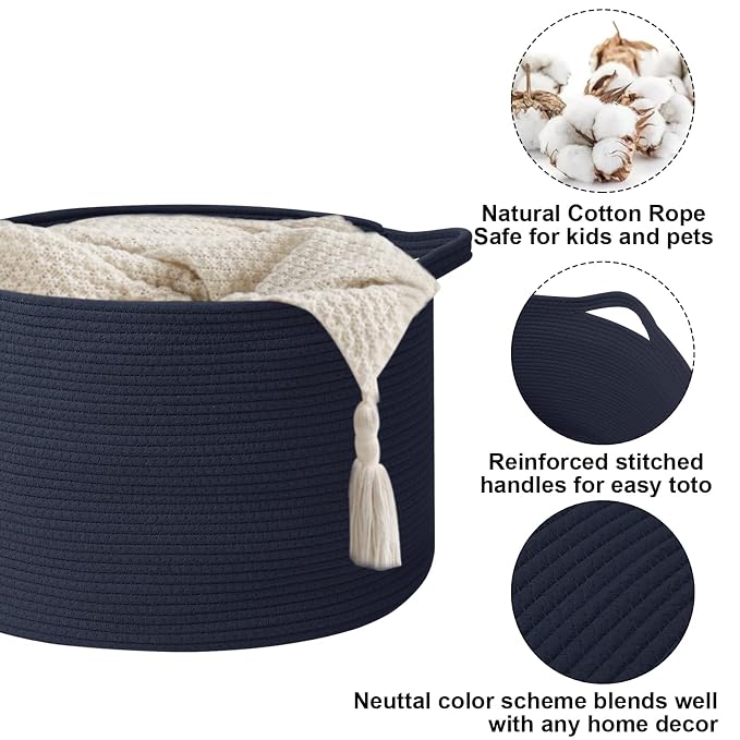 65L Large Blanket Basket, 19.7" L x 19.7" W x 13" H Rope Woven Baskets - Image 3