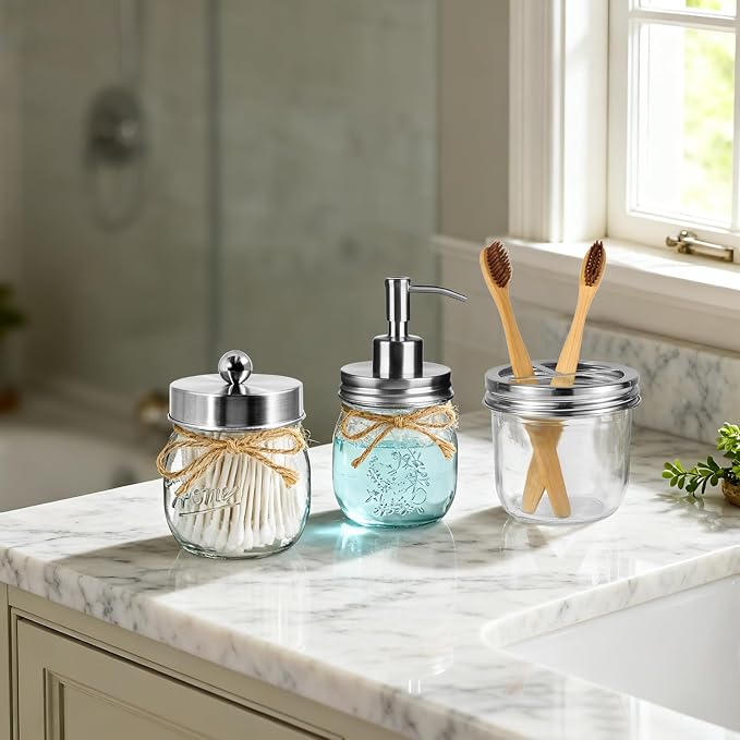 Amolliar Mason Jar Bathroom Accessories Set 4 Pcs -Lotion Soap Dispenser & 2 - Image 7