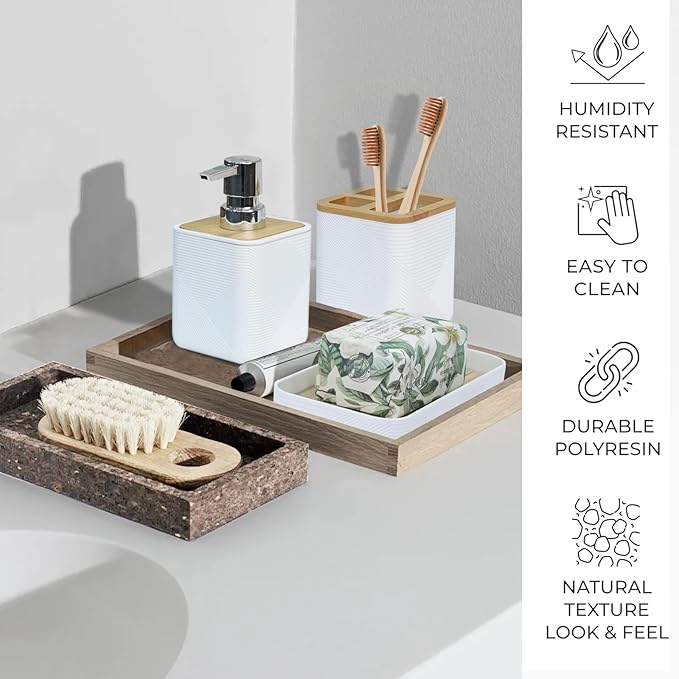 CERBIOR Bathroom Accessories Set 6 Piece Bamboo Bath Ensemble Includes Soap - Image 2