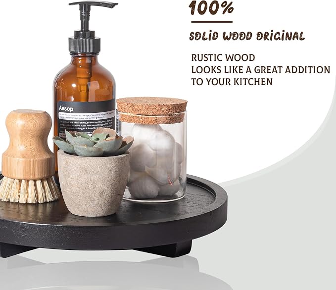 Round Decorative Tray Wood Bathroom Counter Organizer Farmhouse Kitchen Decor - Image 4
