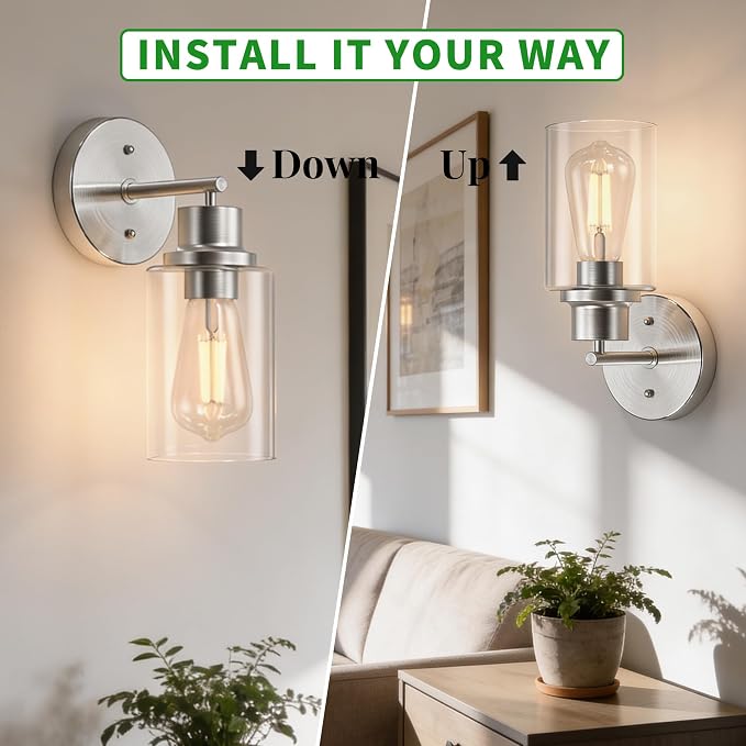 2-Pack Brushed Nickel Bathroom Wall Sconces, Modern Vanity Light Fixtures - Image 6