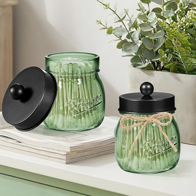 SheeChung Green Glass Qtip Holder Dispenser, Mason Jar Apothecary Jars - Image 4