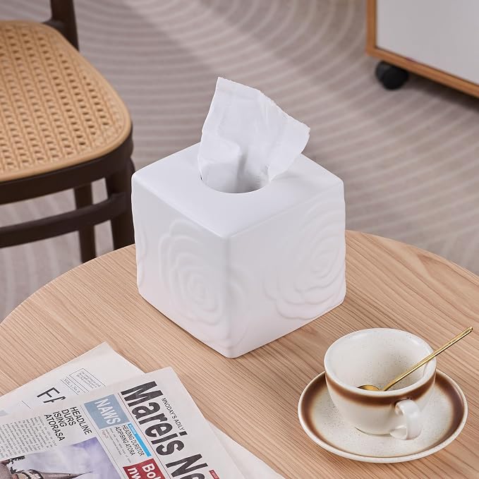 White Ceramic Rose Tissue Box Cover, Carved Flowers Large Square Tissue Box - Image 4