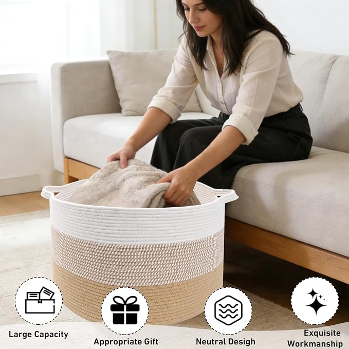 90L Large Blanket Basket, 21.7"L x 21.7"W x 13.8"H Rope Woven Baskets - Image 4
