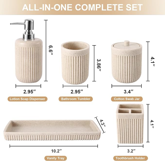 Resin Beige Bathroom Accessories Set 5 Pcs, Lotion Soap Dispenser, Toothbrush - Image 2