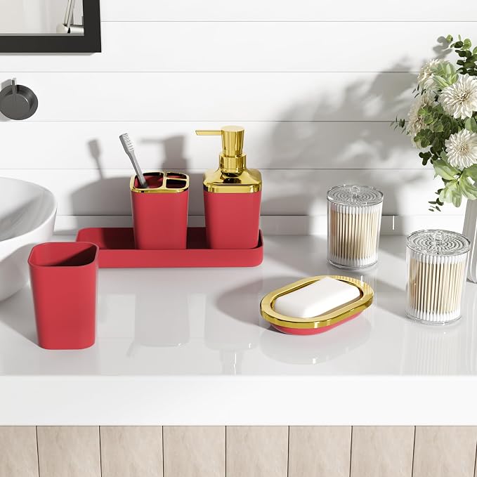 Dark Red Bathroom Accessory Set, 9-Piece Burgundy Bathroom Set - Image 6