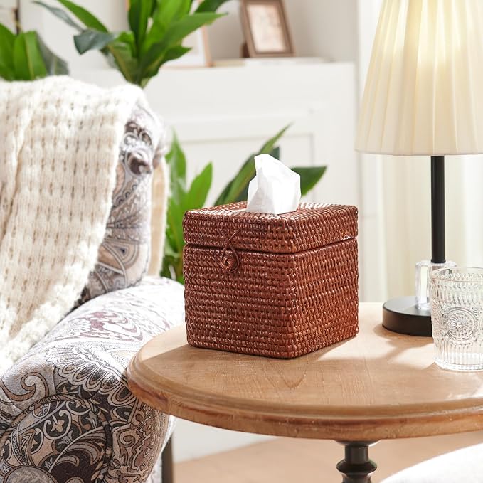 Rattan Square Tissue Box Cover, 5.7" x 5.7" x 5", Decorative Woven Facial - Image 3