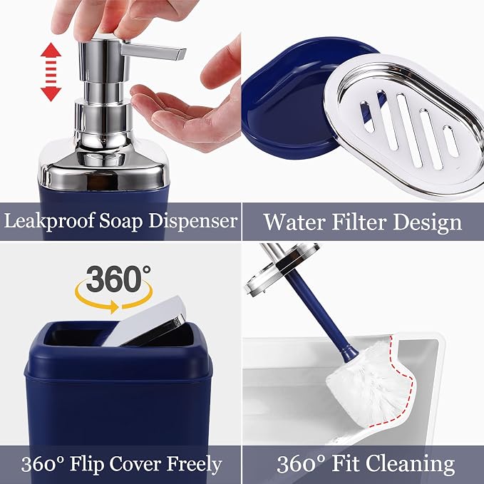 Navy Blue Bathroom Accessories Set, 9-Piece Plastic Gift Set - Image 5