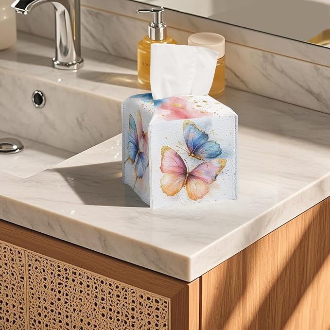 Butterfly Tissue Box Cover Metallic Gold Accents Blue Orange Wing Art Square PU - Image 5