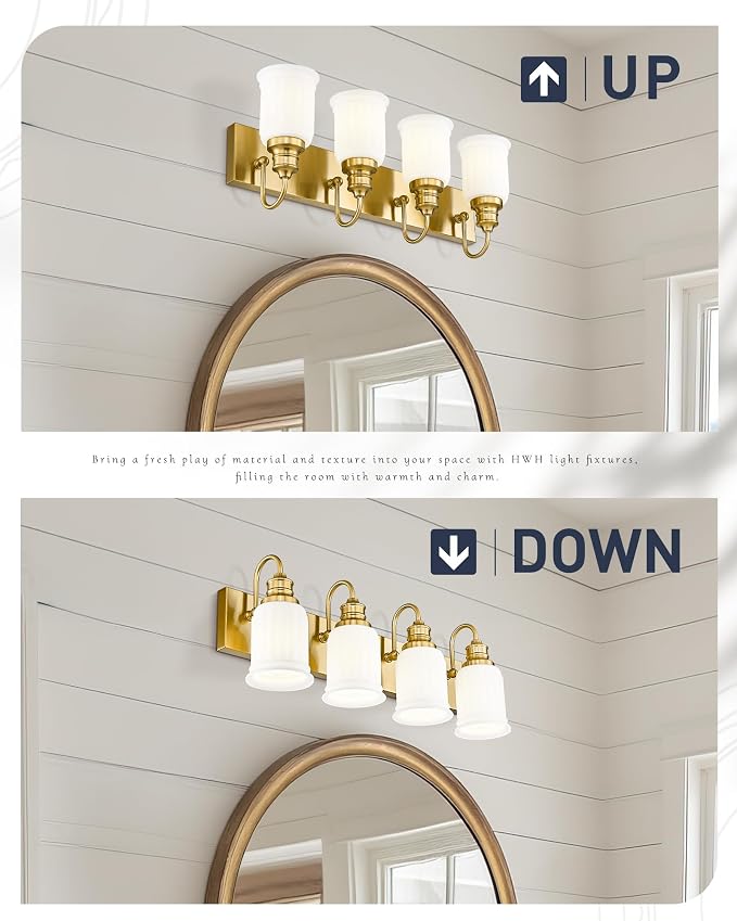 Bathroom Light Fixtures 4-Lights, HWH Brushed Gold Vanity Light Modern Bathroom - Image 4